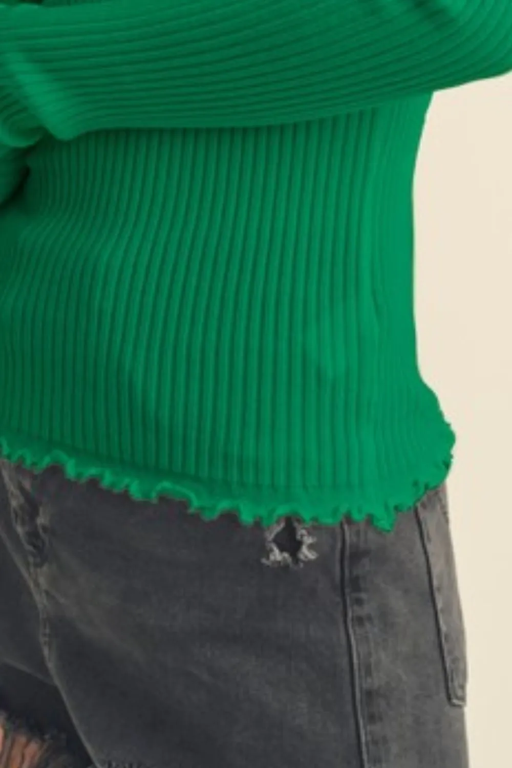 Lettuce Hem Scoop Neck Long Sleeve Knit Top