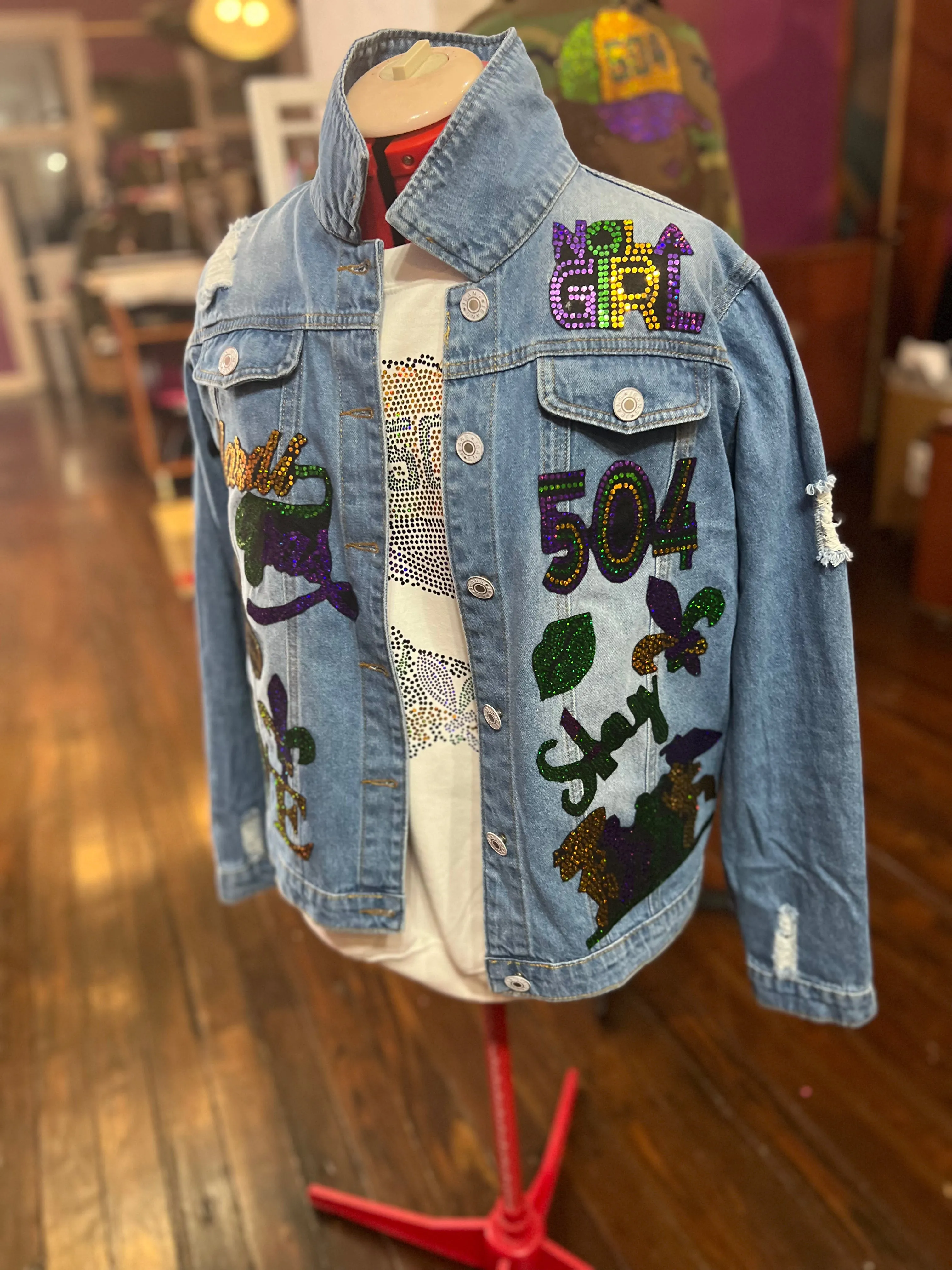 MARDI GRAS CHIC DENIM BLING Patchwork JACKET