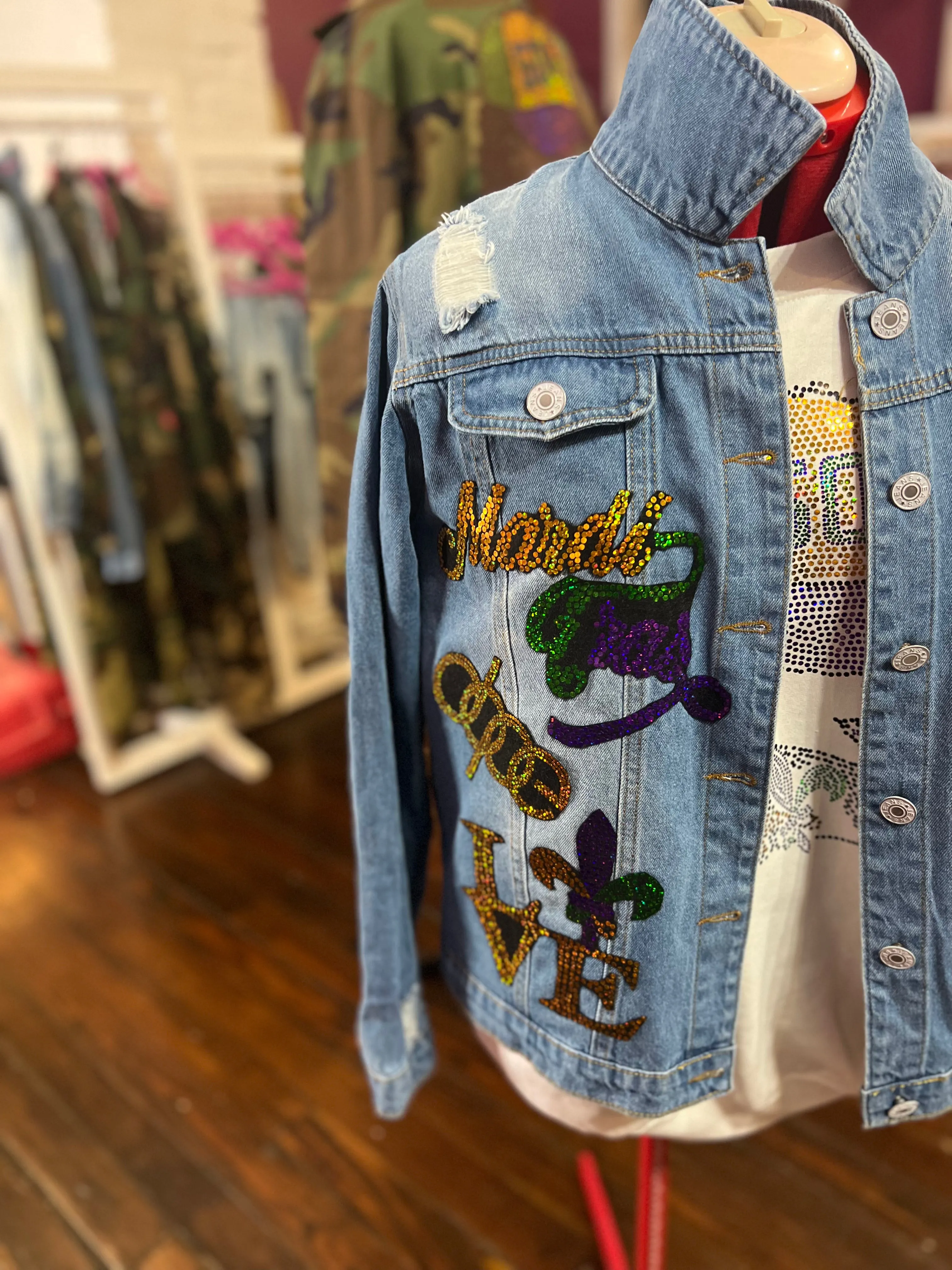 MARDI GRAS CHIC DENIM BLING Patchwork JACKET