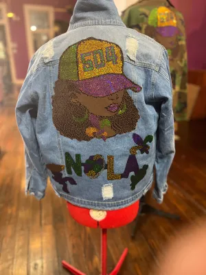 MARDI GRAS CHIC DENIM BLING Patchwork JACKET