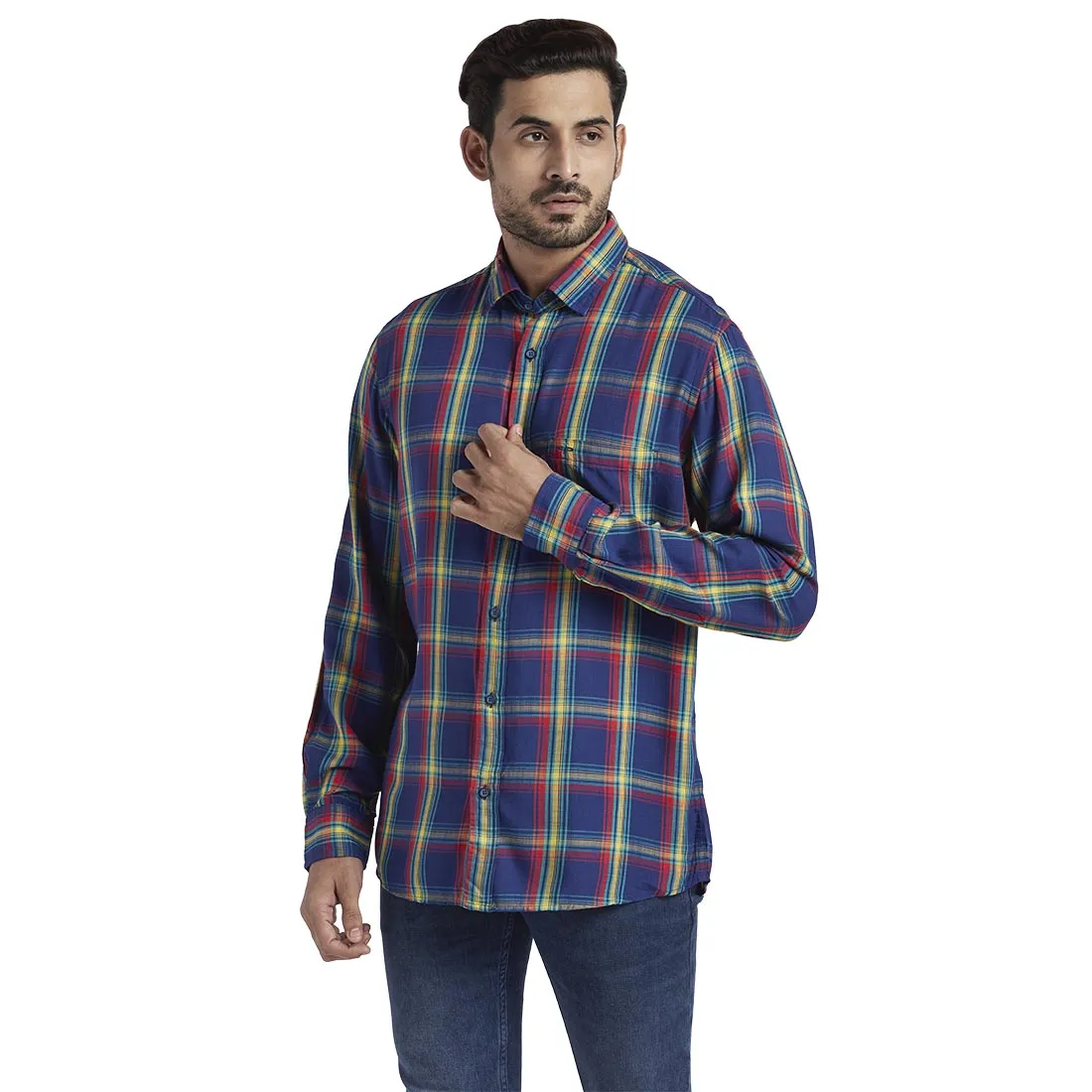 Men Blue Tailored Fit Checks Modal Full Sleeve Shirts
