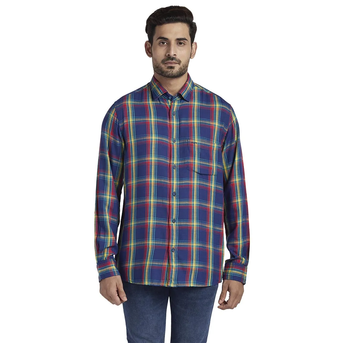 Men Blue Tailored Fit Checks Modal Full Sleeve Shirts