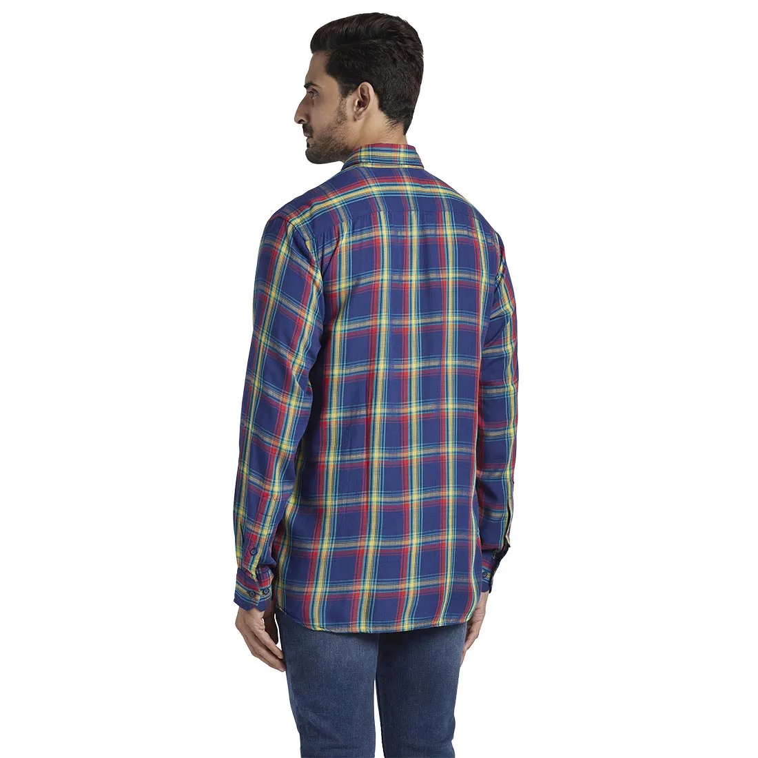 Men Blue Tailored Fit Checks Modal Full Sleeve Shirts