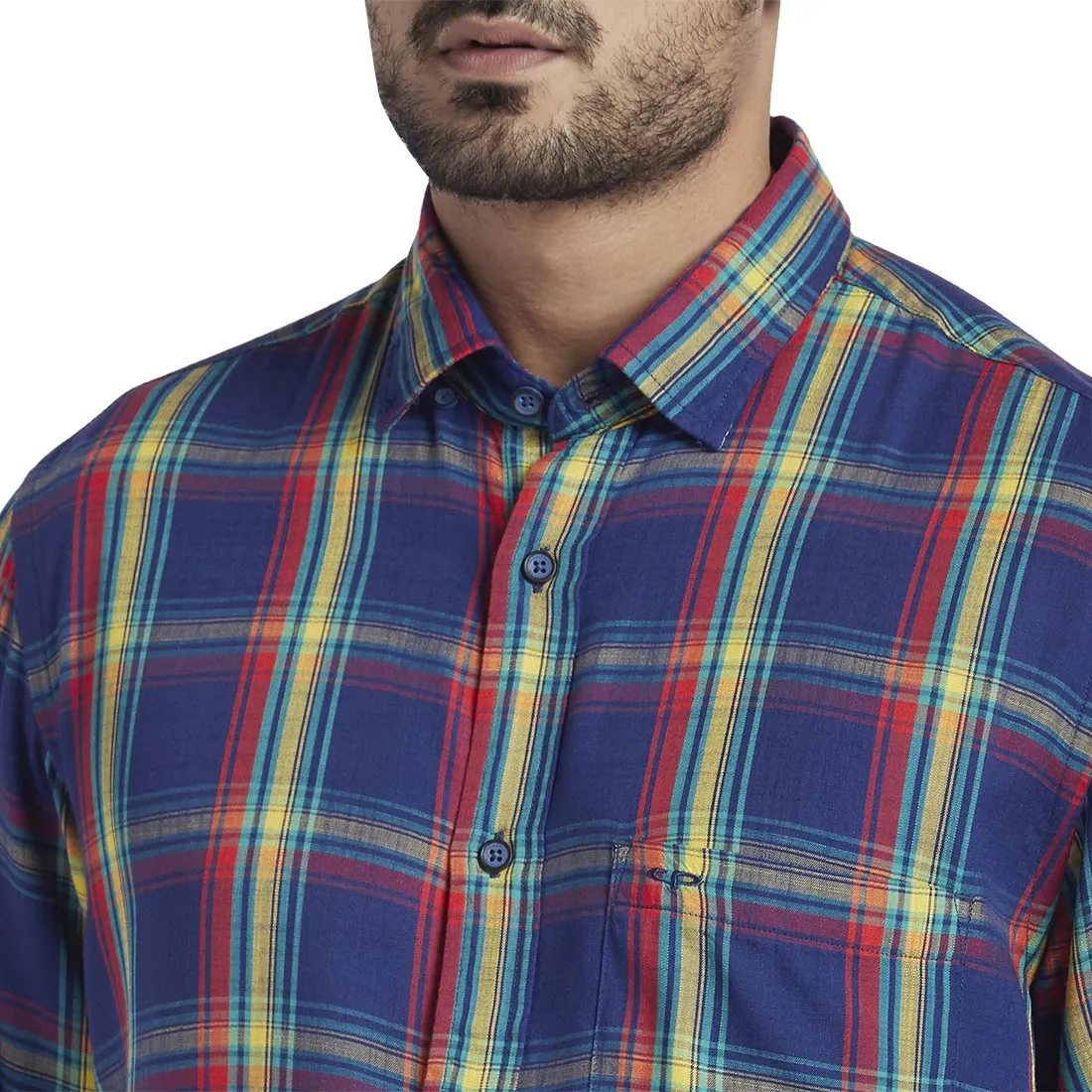 Men Blue Tailored Fit Checks Modal Full Sleeve Shirts