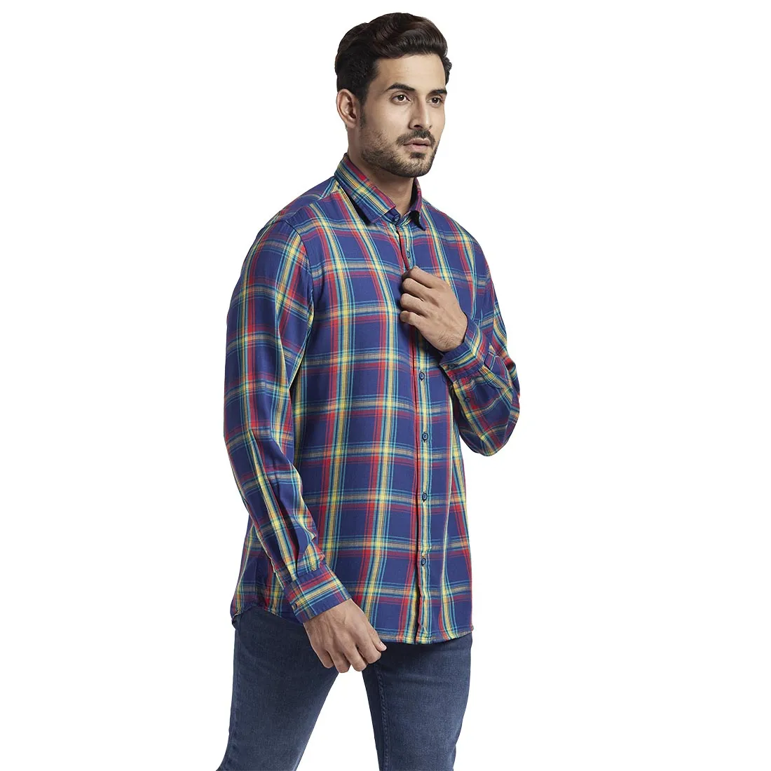 Men Blue Tailored Fit Checks Modal Full Sleeve Shirts