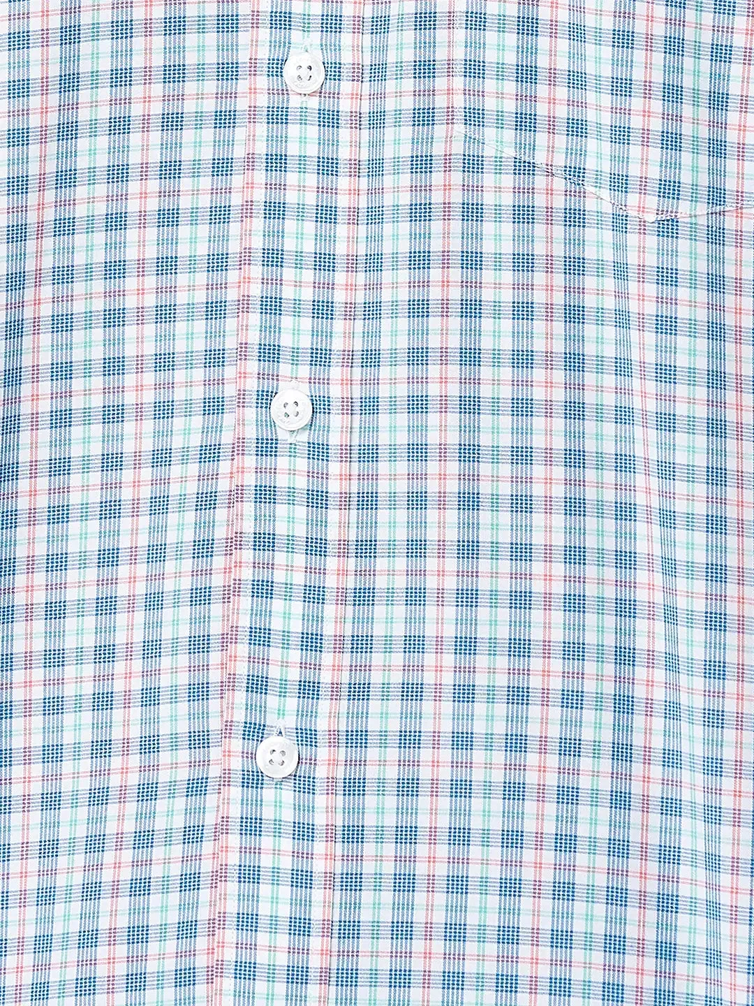 Men Blue Tailored Fit Checks Viscose Cotton Blend Half Sleeve Shirts