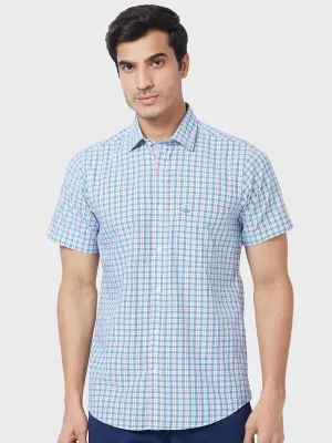 Men Blue Tailored Fit Checks Viscose Cotton Blend Half Sleeve Shirts