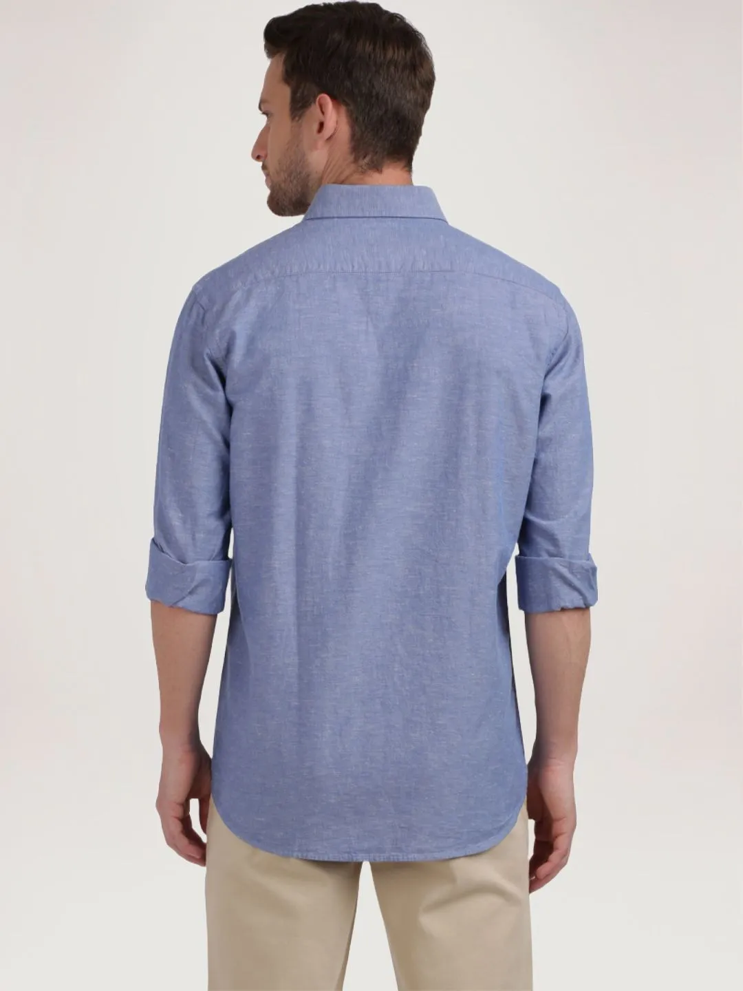 Men Blue Tailored Fit Warp Chambray Cotton Blend Full Sleeve Shirts