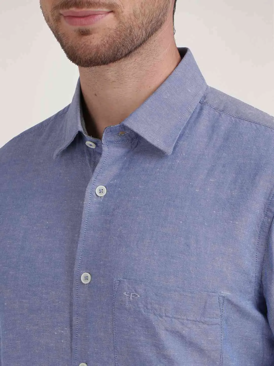Men Blue Tailored Fit Warp Chambray Cotton Blend Full Sleeve Shirts