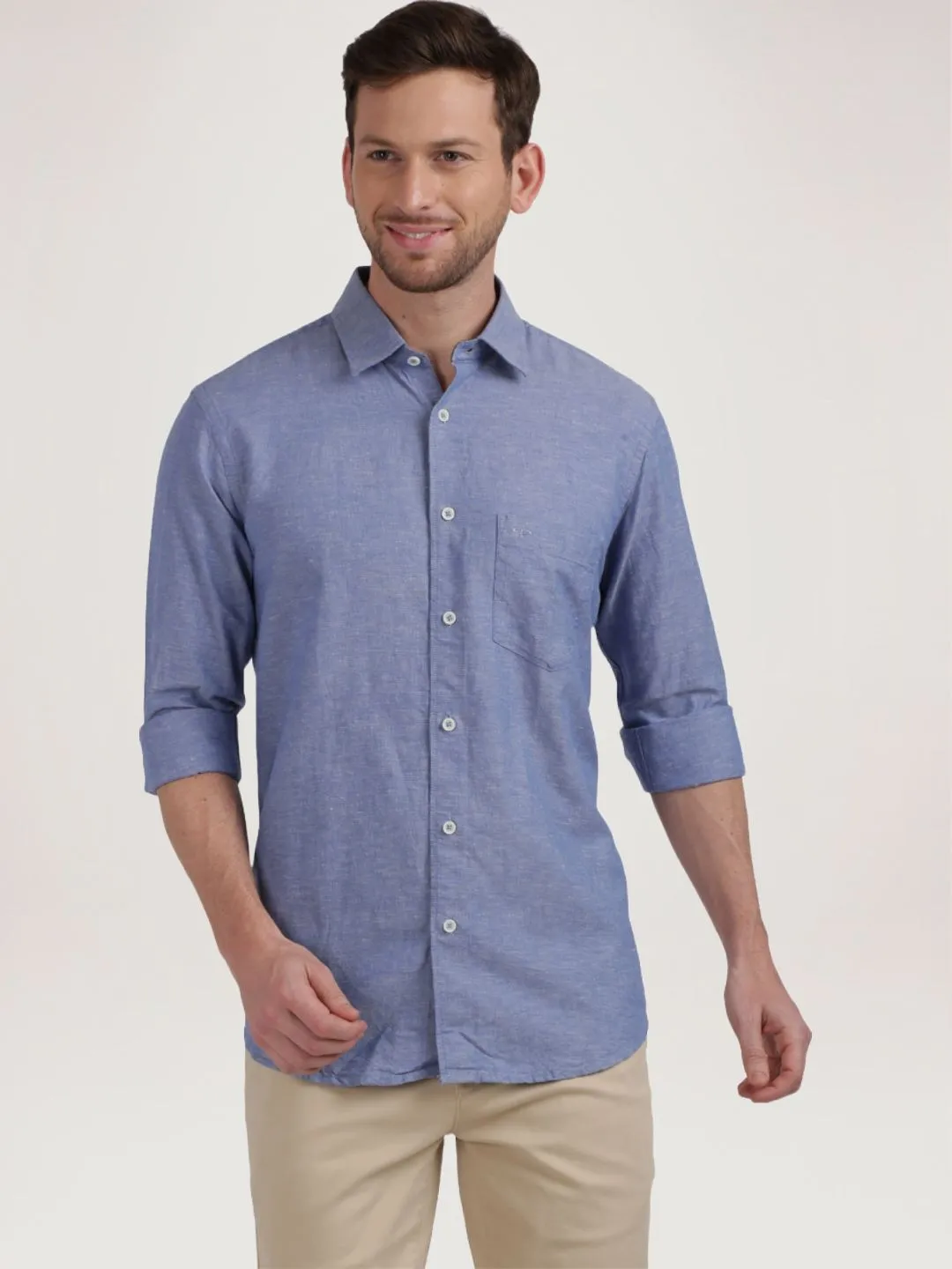 Men Blue Tailored Fit Warp Chambray Cotton Blend Full Sleeve Shirts
