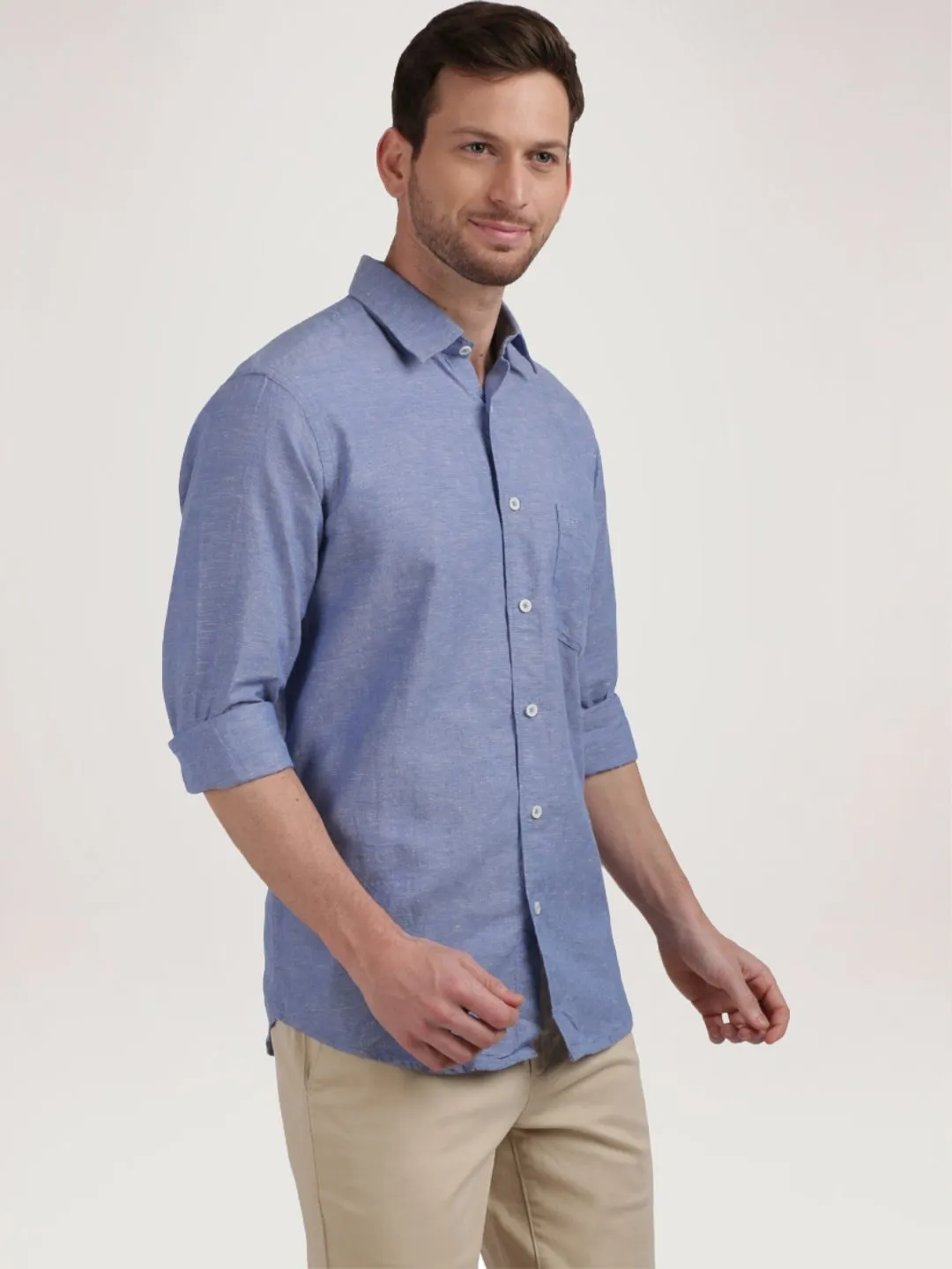 Men Blue Tailored Fit Warp Chambray Cotton Blend Full Sleeve Shirts