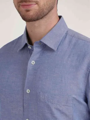Men Blue Tailored Fit Warp Chambray Cotton Blend Full Sleeve Shirts
