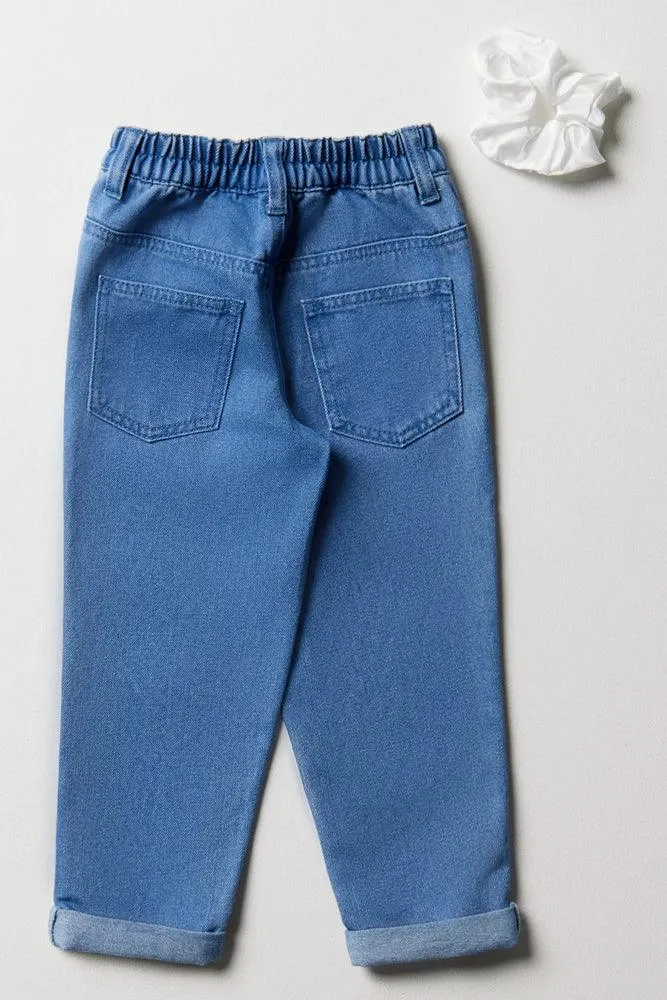 Mini Mom Denim Jeans With Daisy Embroidery Blue