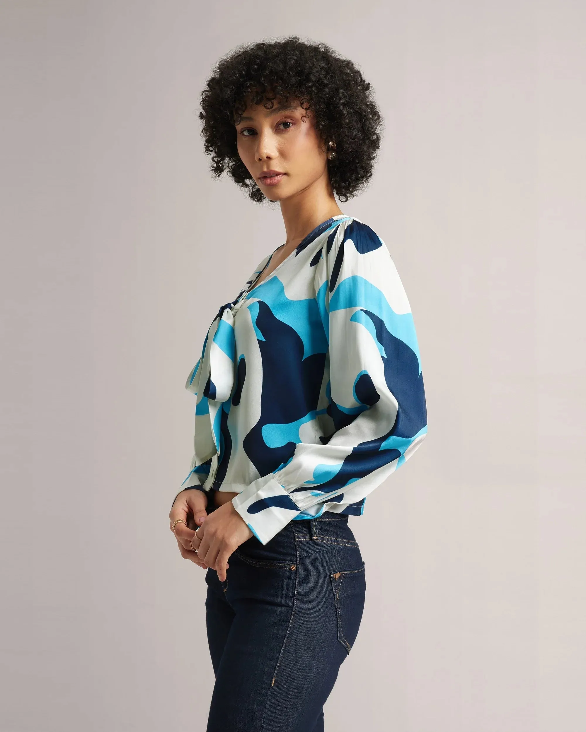 Multicolored Blue Satin Crop Shirt Only