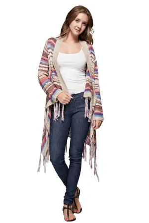 Open Front Oversized Fringe Cardigan with Multiple Stripe Tan Pink