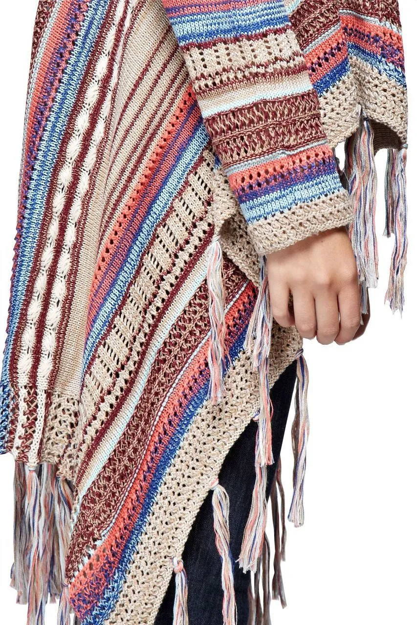 Open Front Oversized Fringe Cardigan with Multiple Stripe Tan Pink