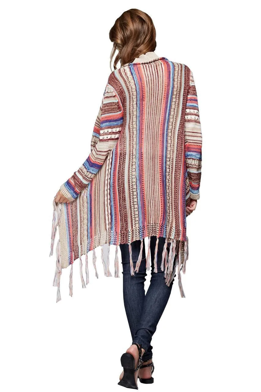 Open Front Oversized Fringe Cardigan with Multiple Stripe Tan Pink