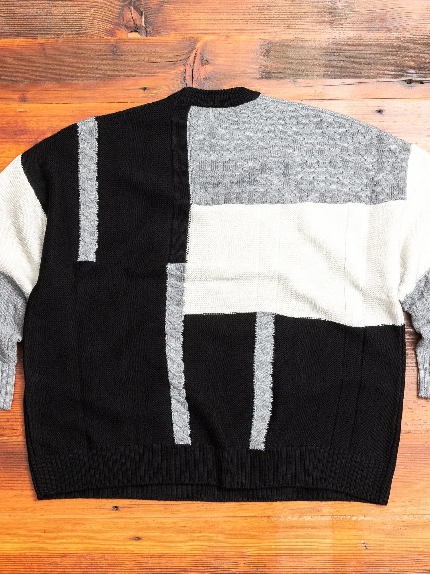Patchwork Knit Crewneck Sweater in Black