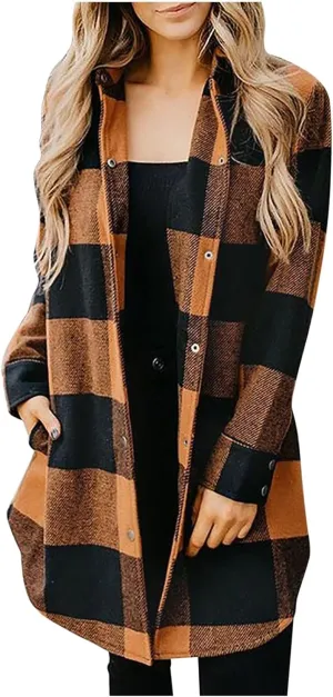 Plaid Button Down Shirts for Women Oversized Long Sleeve Flannel Jackets Loose Fit Fall Tops Hoodies with Pocket