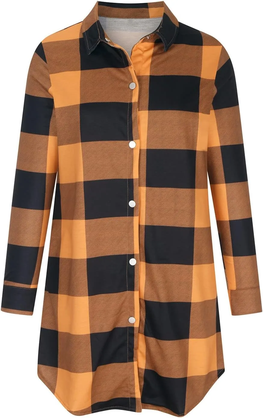 Plaid Button Down Shirts for Women Oversized Long Sleeve Flannel Jackets Loose Fit Fall Tops Hoodies with Pocket