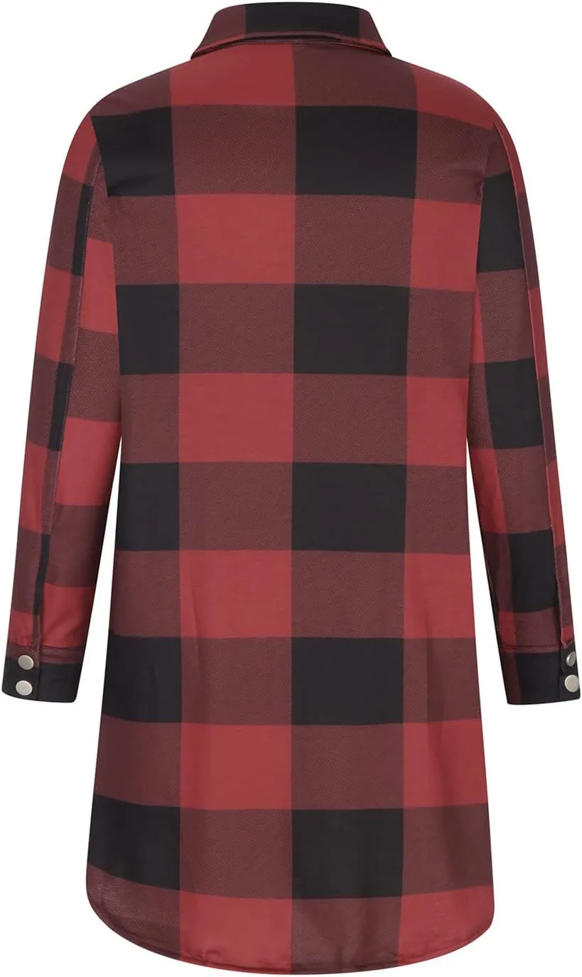 Plaid Button Down Shirts for Women Oversized Long Sleeve Flannel Jackets Loose Fit Fall Tops Hoodies with Pocket