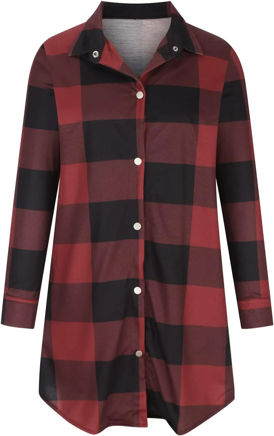 Plaid Button Down Shirts for Women Oversized Long Sleeve Flannel Jackets Loose Fit Fall Tops Hoodies with Pocket