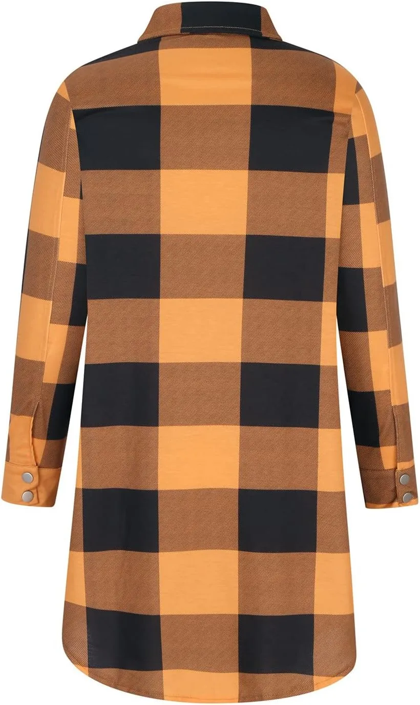 Plaid Button Down Shirts for Women Oversized Long Sleeve Flannel Jackets Loose Fit Fall Tops Hoodies with Pocket