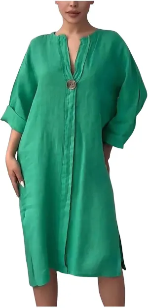 Plus Size Cotton Linen Dress Women's Summer Loose V Neck Vintage 3/4 Sleeve Baggy Lightweight Casual Solid Midi Dress