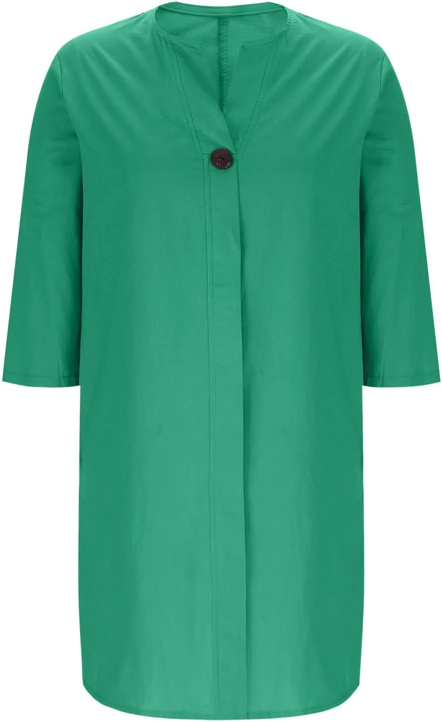 Plus Size Cotton Linen Dress Women's Summer Loose V Neck Vintage 3/4 Sleeve Baggy Lightweight Casual Solid Midi Dress