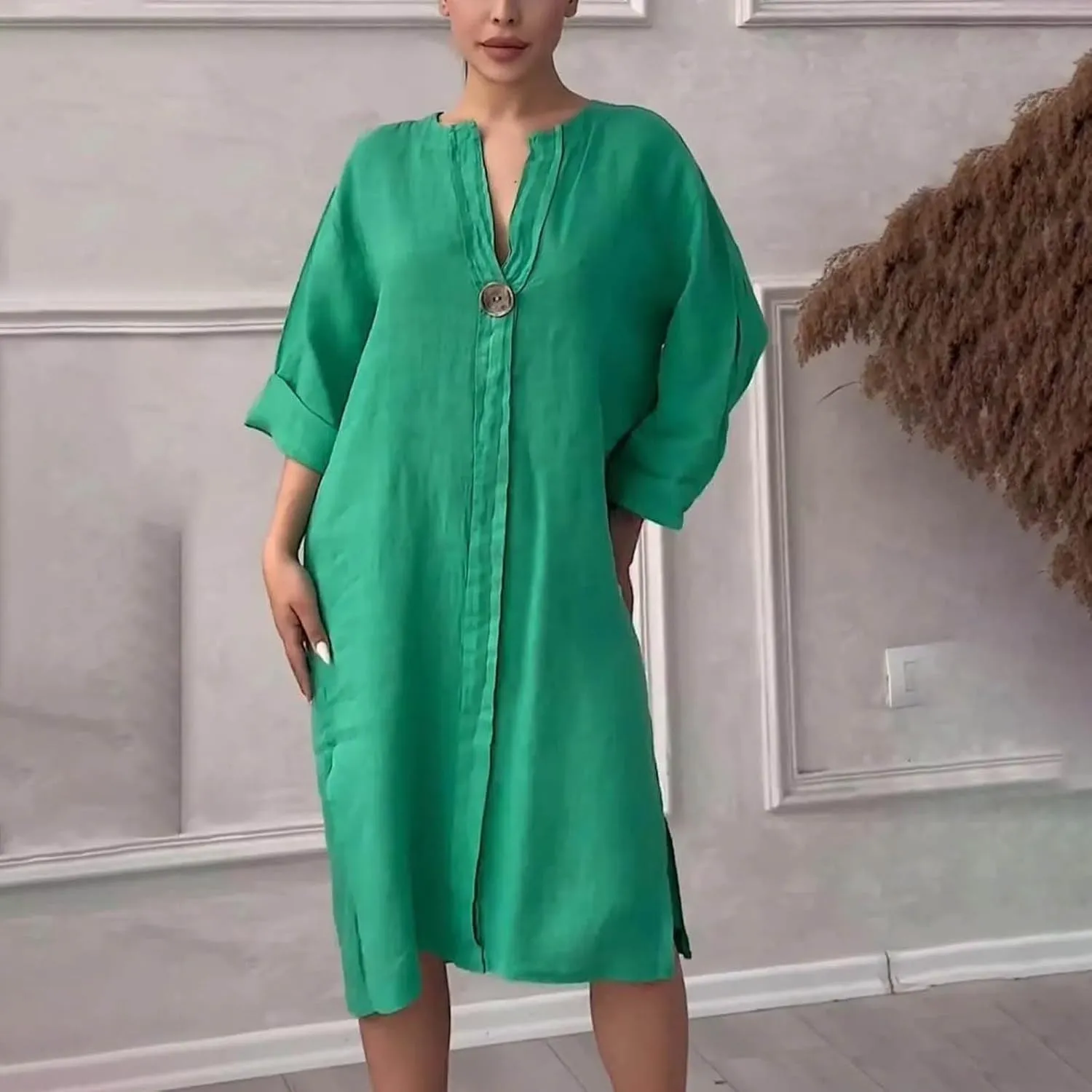 Plus Size Cotton Linen Dress Women's Summer Loose V Neck Vintage 3/4 Sleeve Baggy Lightweight Casual Solid Midi Dress