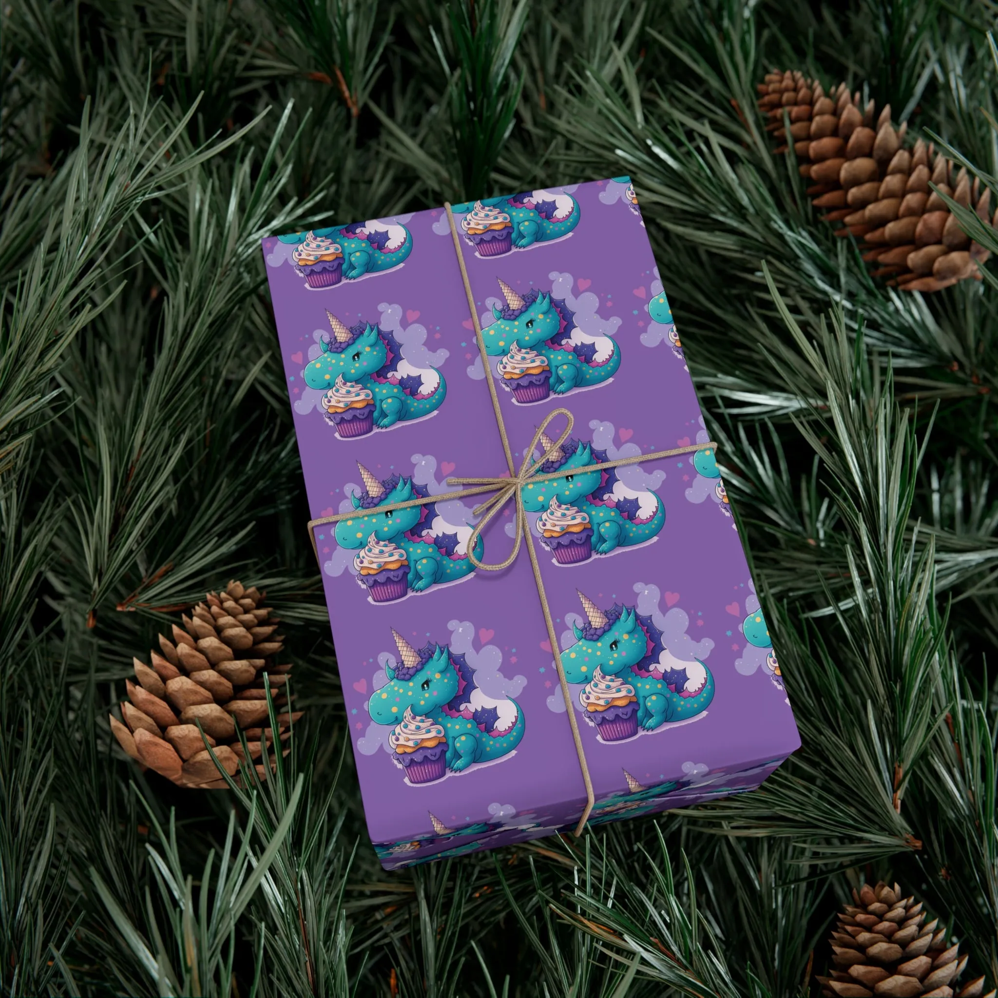 (purple) cute dragon with cupcake, dragon, dragon wrapping paper, dragon gift wrap, birthday, birthday party, gift wrap, wrapping paper, happy birthday, cute dragon