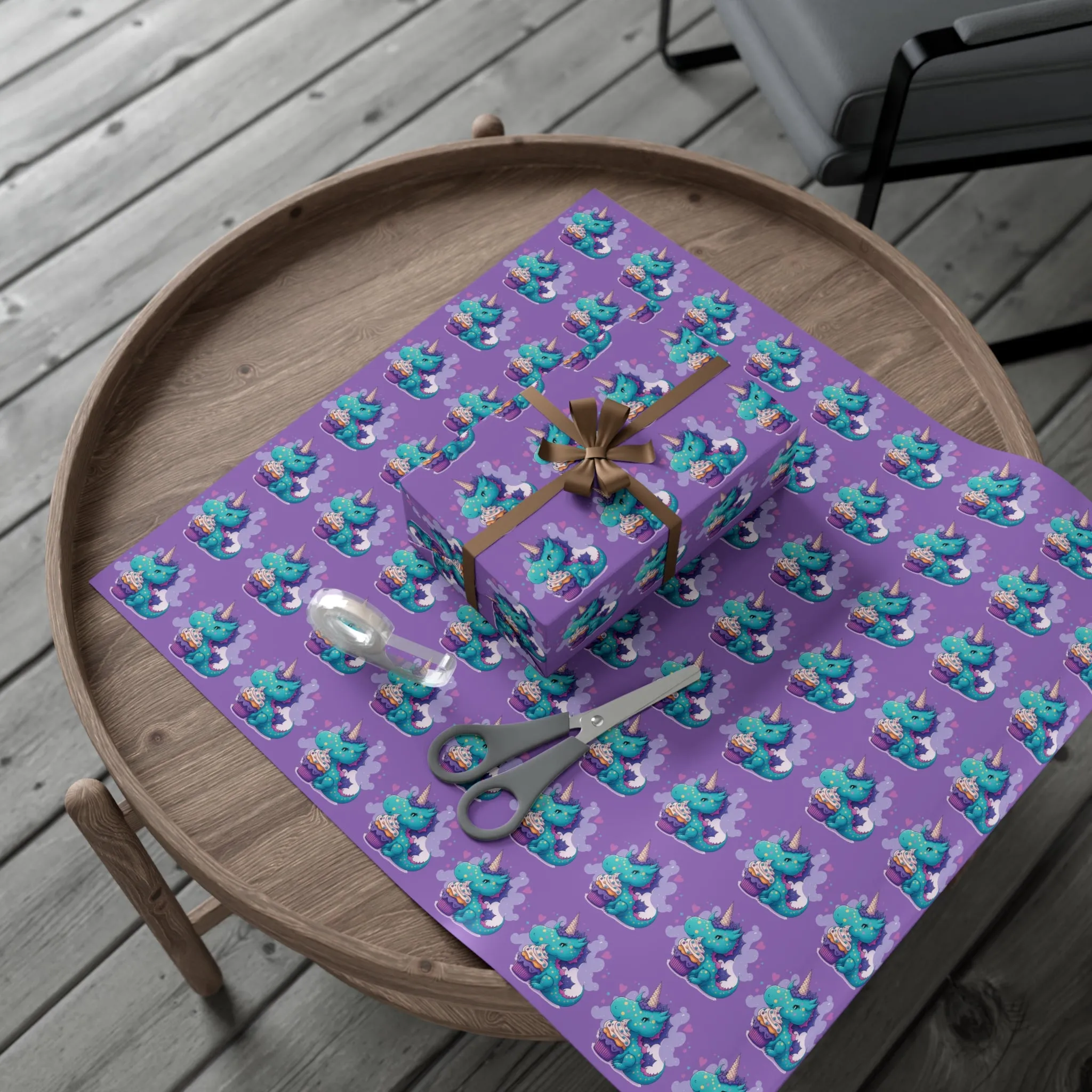(purple) cute dragon with cupcake, dragon, dragon wrapping paper, dragon gift wrap, birthday, birthday party, gift wrap, wrapping paper, happy birthday, cute dragon