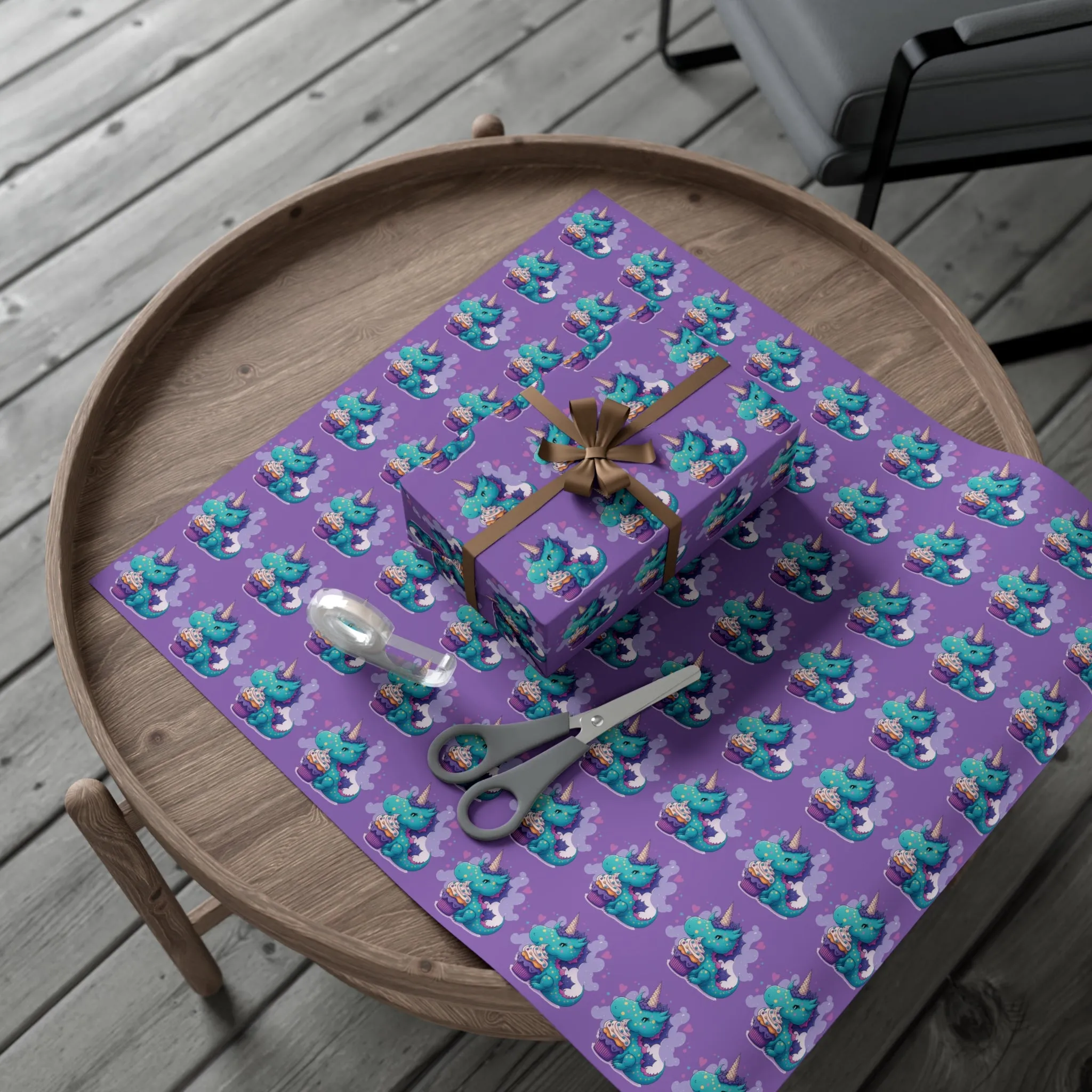 (purple) cute dragon with cupcake, dragon, dragon wrapping paper, dragon gift wrap, birthday, birthday party, gift wrap, wrapping paper, happy birthday, cute dragon