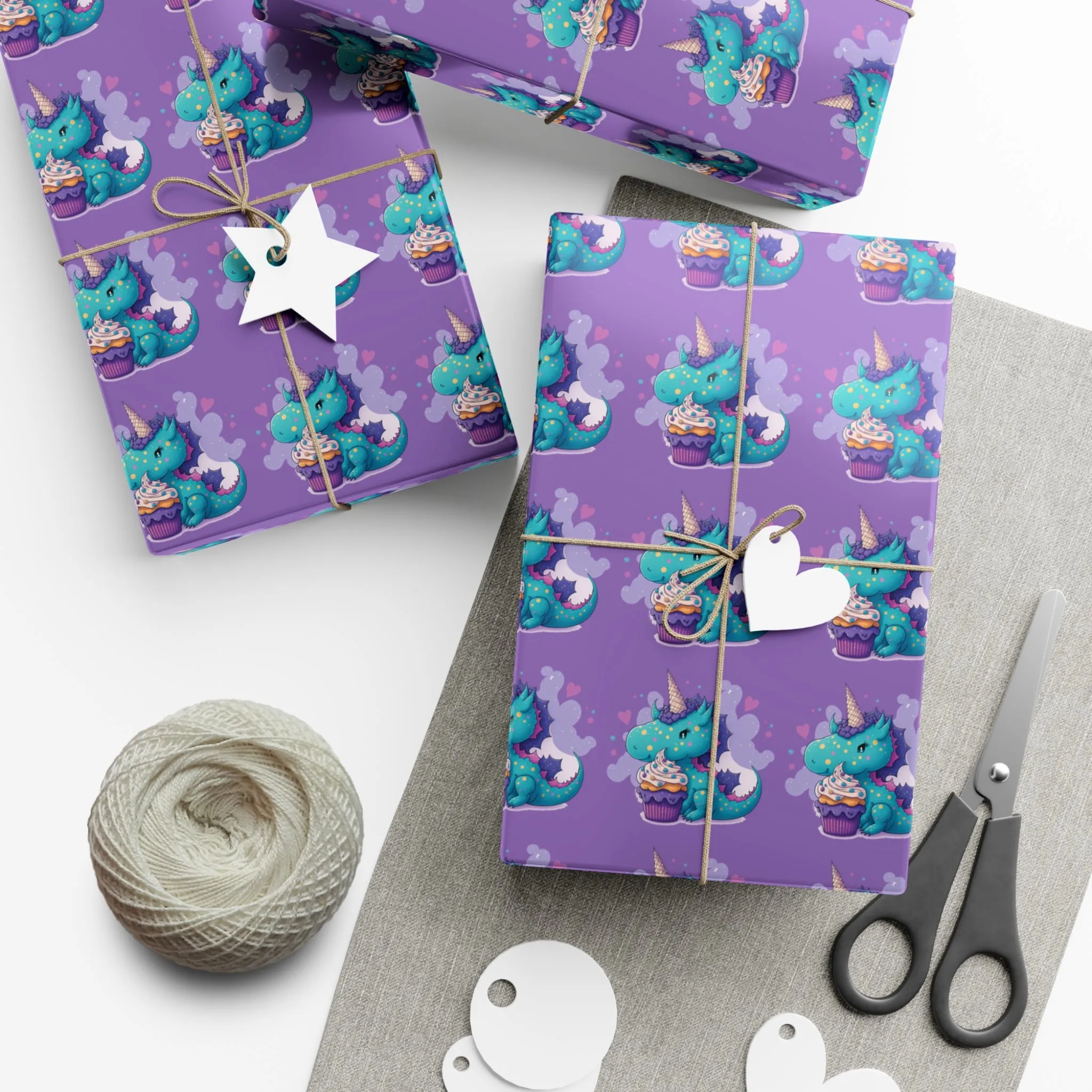 (purple) cute dragon with cupcake, dragon, dragon wrapping paper, dragon gift wrap, birthday, birthday party, gift wrap, wrapping paper, happy birthday, cute dragon