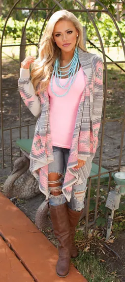 Shawl Collar Asymmetric Print Cardigan Sweater