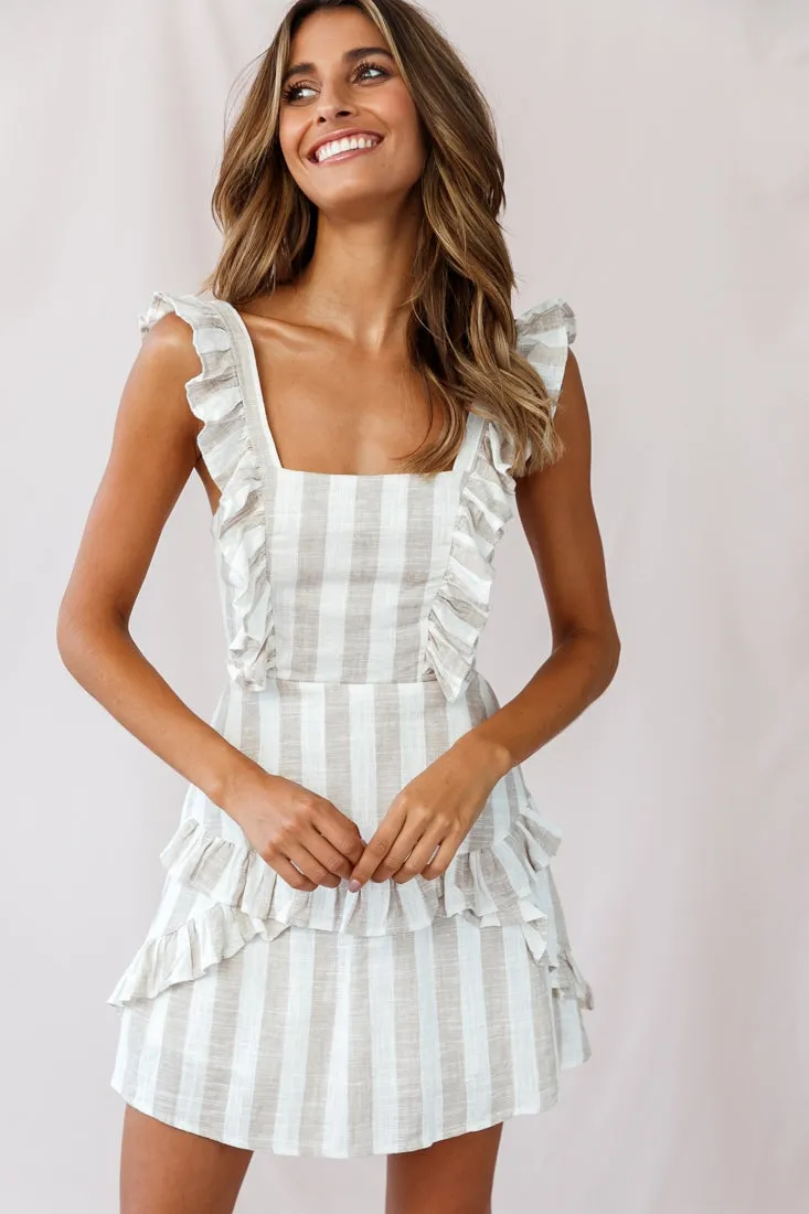 Shiloh Tie-Back Pinafore Dress Stripe Print Beige