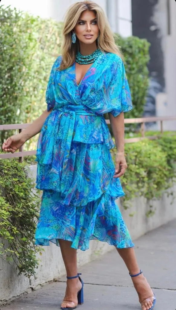 Silky Long Print Tiered Short Sleeve Midi Dress
