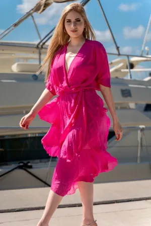Silky Long Print Tiered Short Sleeve Midi Dress