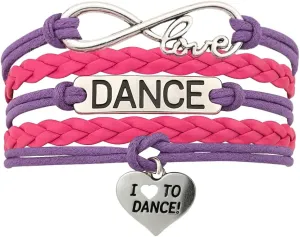 Sportybella Love Dance Accessories - Braided Purple and Pink Multi-Strand Charm Bracelet with I Heart to Dance Pendant, Adjustable Gift for Dancers