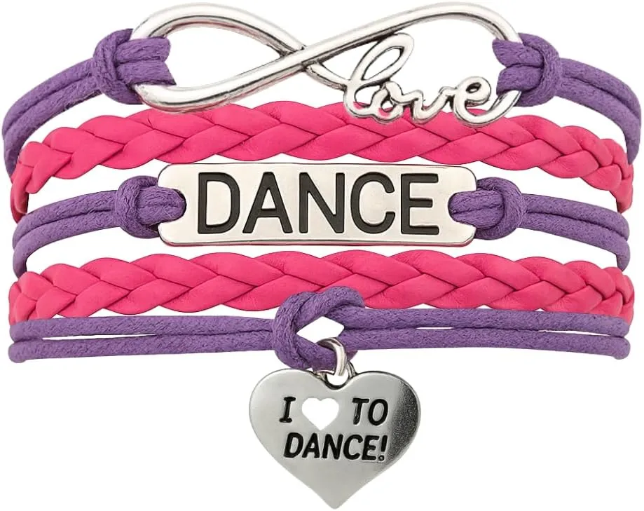 Sportybella Love Dance Accessories - Braided Purple and Pink Multi-Strand Charm Bracelet with I Heart to Dance Pendant, Adjustable Gift for Dancers
