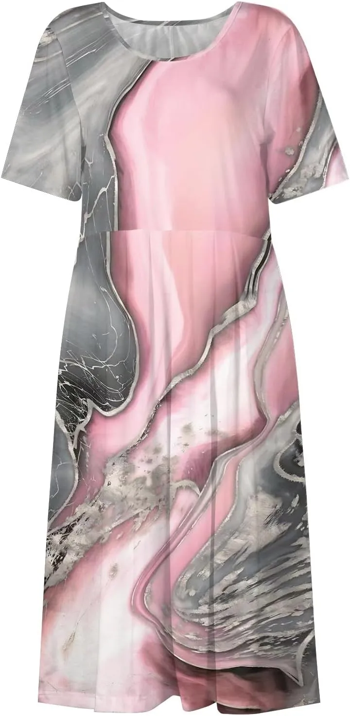 Spring Dresses for Women 2025 Short Sleeve Crew Neck Floral Long Flowy Dress Summer Dresses for Women 2025 Going Out Dress