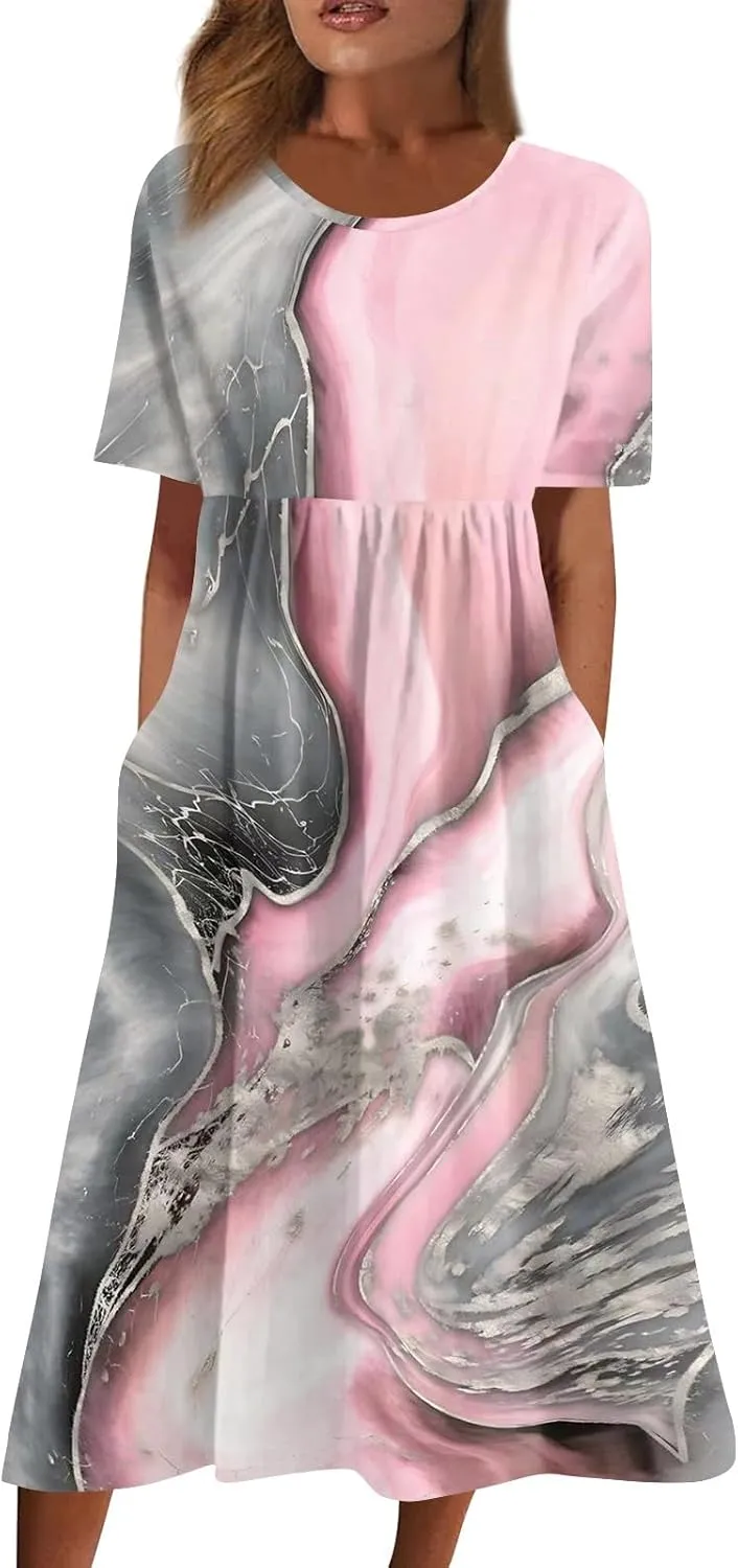 Spring Dresses for Women 2025 Short Sleeve Crew Neck Floral Long Flowy Dress Summer Dresses for Women 2025 Going Out Dress