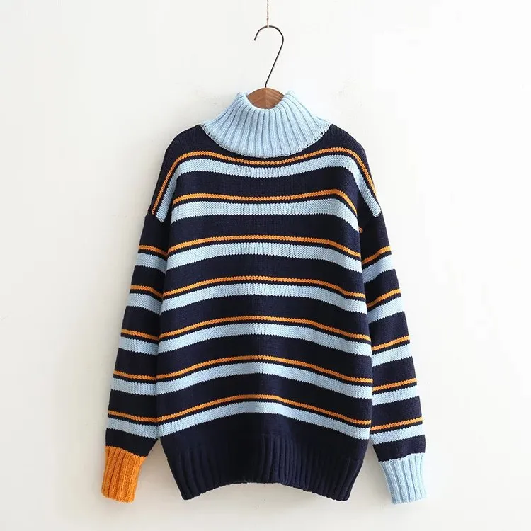 Stripes High Neck Patchwork Loose Pullover Sweater