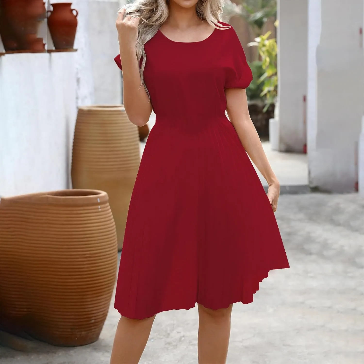 Summer Dresses for Women Dressy Elegant Short Sleeve Pleated Flowy Midi Dress Flowy Beach Party Long Sundress
