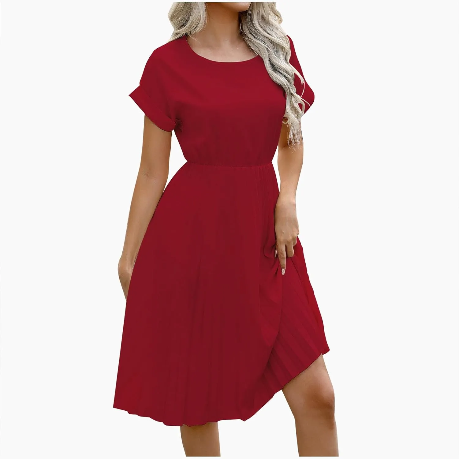 Summer Dresses for Women Dressy Elegant Short Sleeve Pleated Flowy Midi Dress Flowy Beach Party Long Sundress