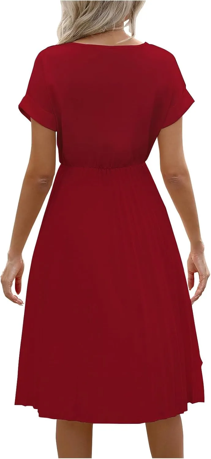 Summer Dresses for Women Dressy Elegant Short Sleeve Pleated Flowy Midi Dress Flowy Beach Party Long Sundress