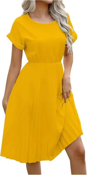 Summer Dresses for Women Dressy Elegant Short Sleeve Pleated Flowy Midi Dress Flowy Beach Party Long Sundress