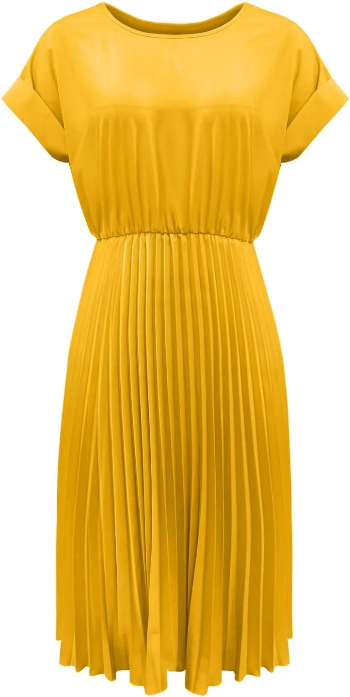 Summer Dresses for Women Dressy Elegant Short Sleeve Pleated Flowy Midi Dress Flowy Beach Party Long Sundress