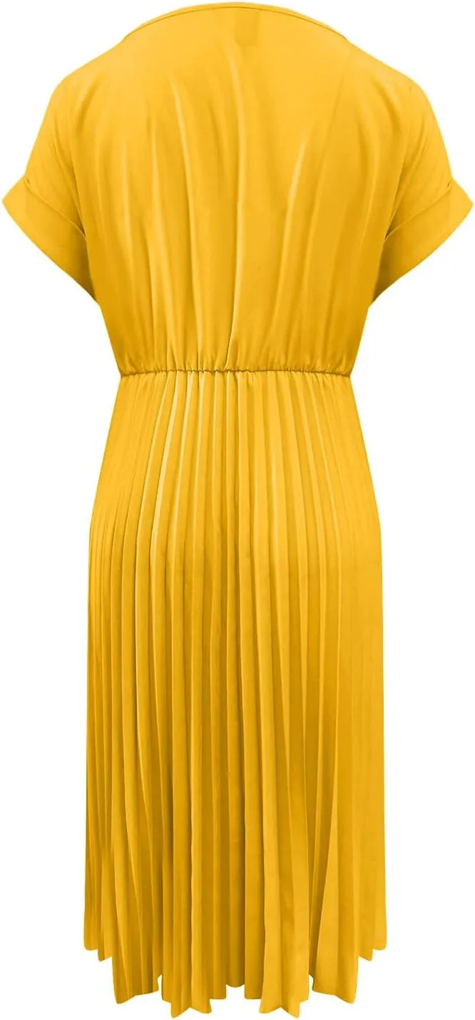 Summer Dresses for Women Dressy Elegant Short Sleeve Pleated Flowy Midi Dress Flowy Beach Party Long Sundress