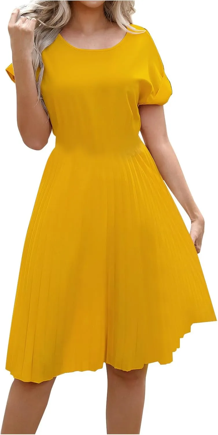 Summer Dresses for Women Dressy Elegant Short Sleeve Pleated Flowy Midi Dress Flowy Beach Party Long Sundress